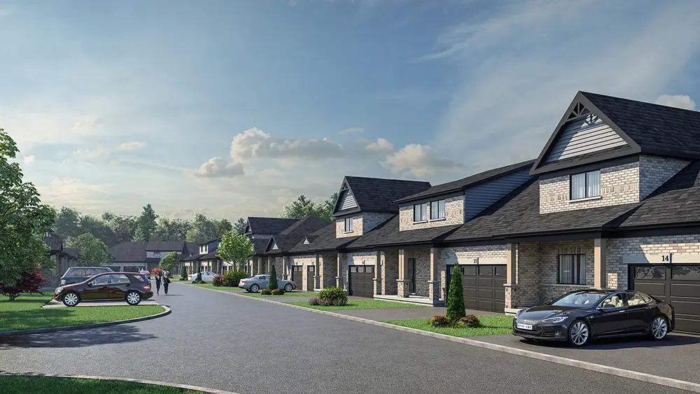 Rendering of Nestings bungalow townhomes along a curved street