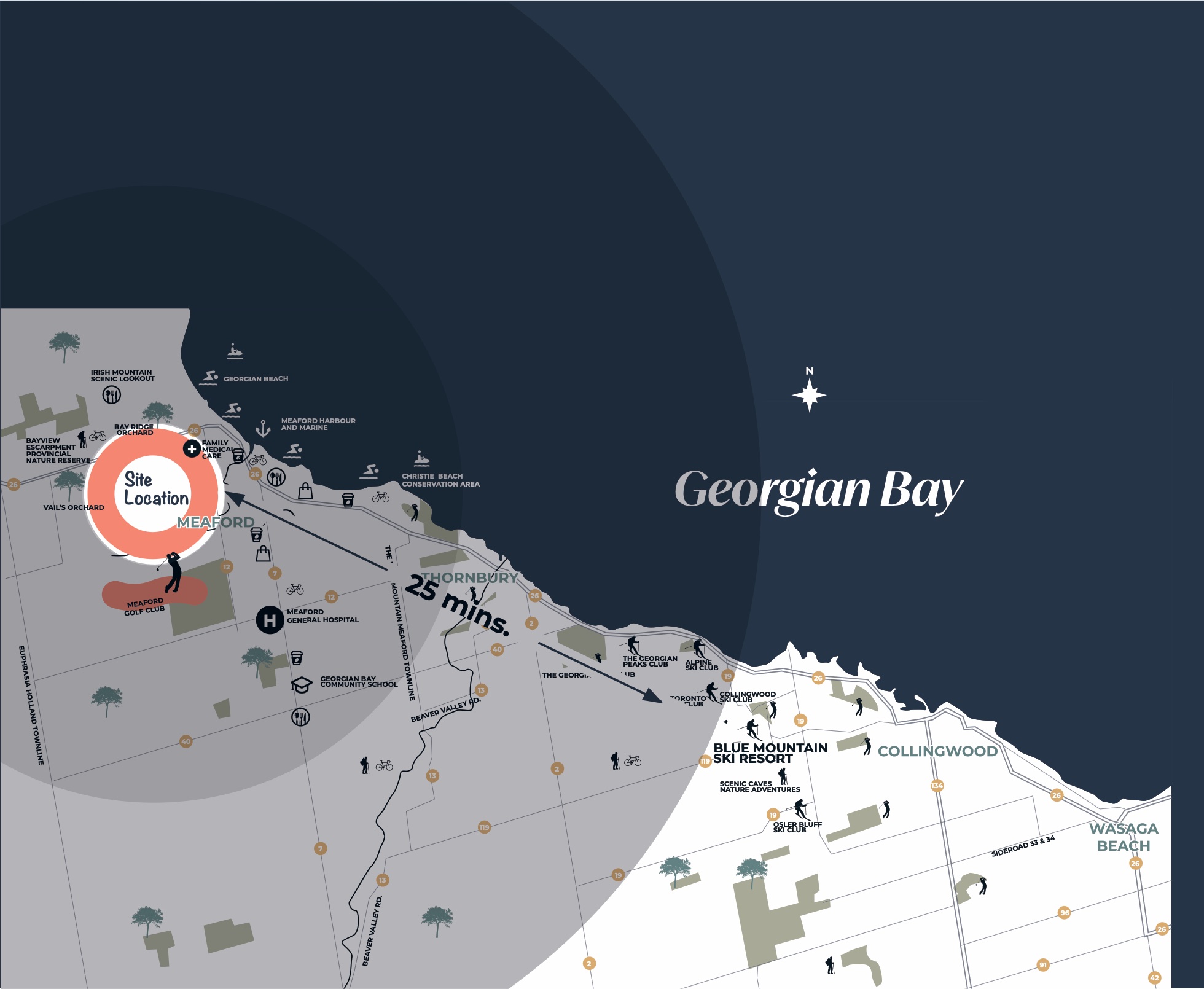 Map of Meaford and the Georgian Bay shore showing Baybounds, 25 minutes from Blue Mountain and Collingwood