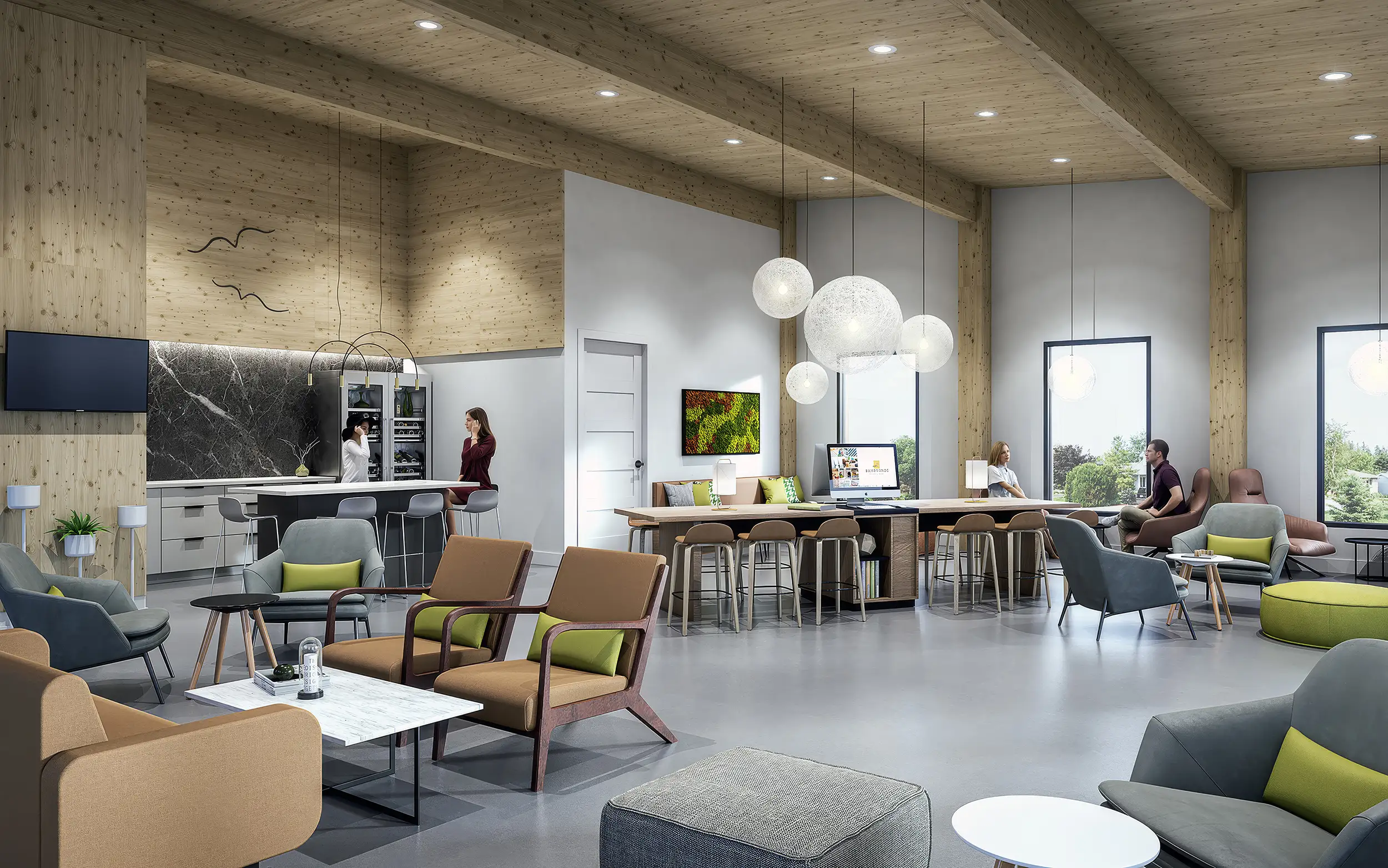 Clubhouse lounge with armchairs, a kitchenette and high tables