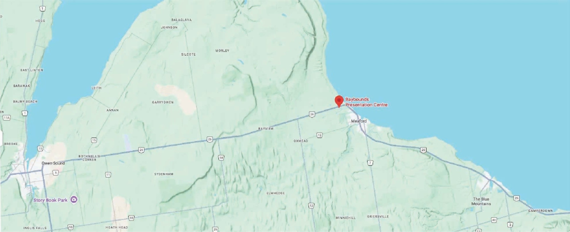 Map of the Georgian Bay shore from Owen Sound to The Blue Mountains, with the Baybounds Presentation Centre marked just west of Meaford