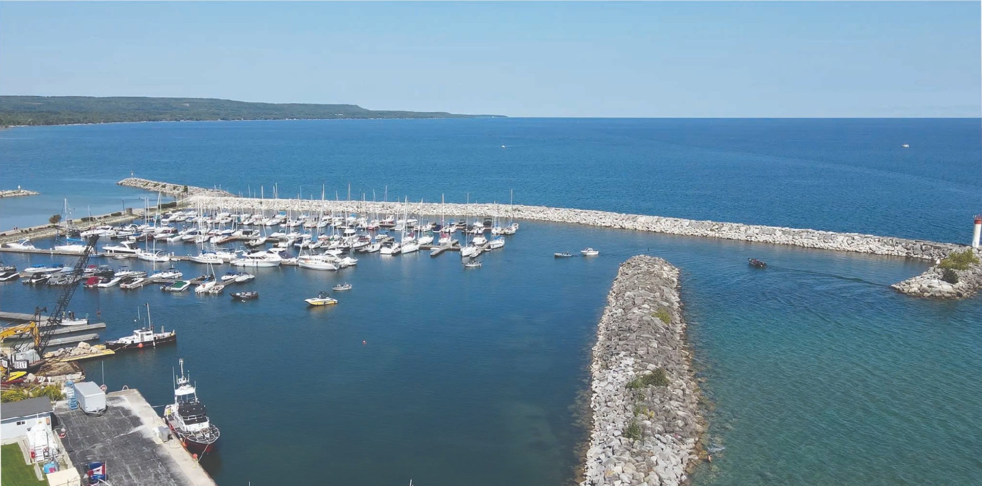 Aerial view of the Meaford marina and breakwall on Georgian Bay