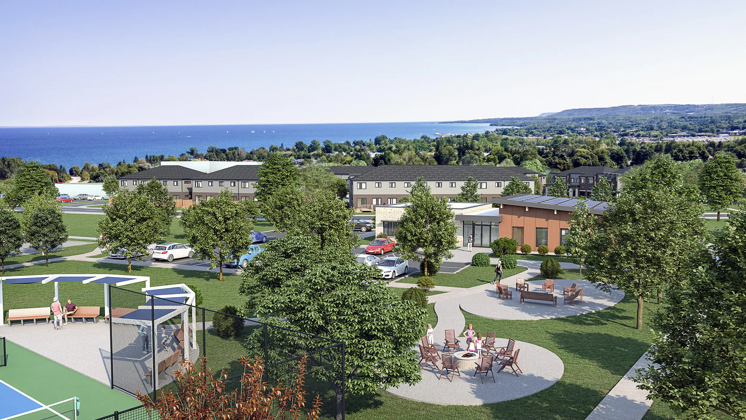 Rendering of the clubhouse with fire pit seating areas and walking paths
