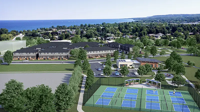 Rendering of the Baybounds pickleball courts and townhomes above Georgian Bay