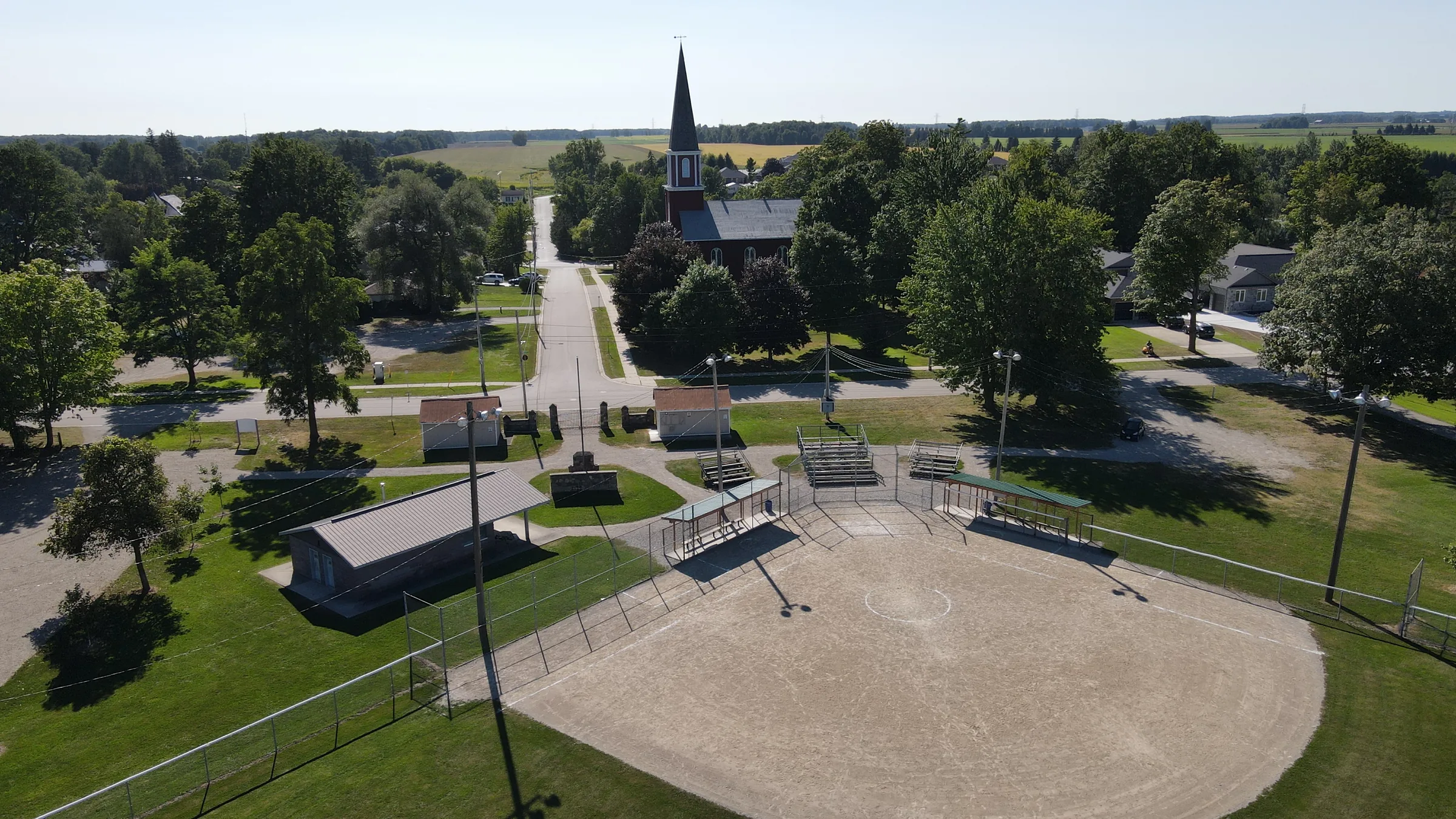 Aerial view of Embro with the ball diamond and church spire
