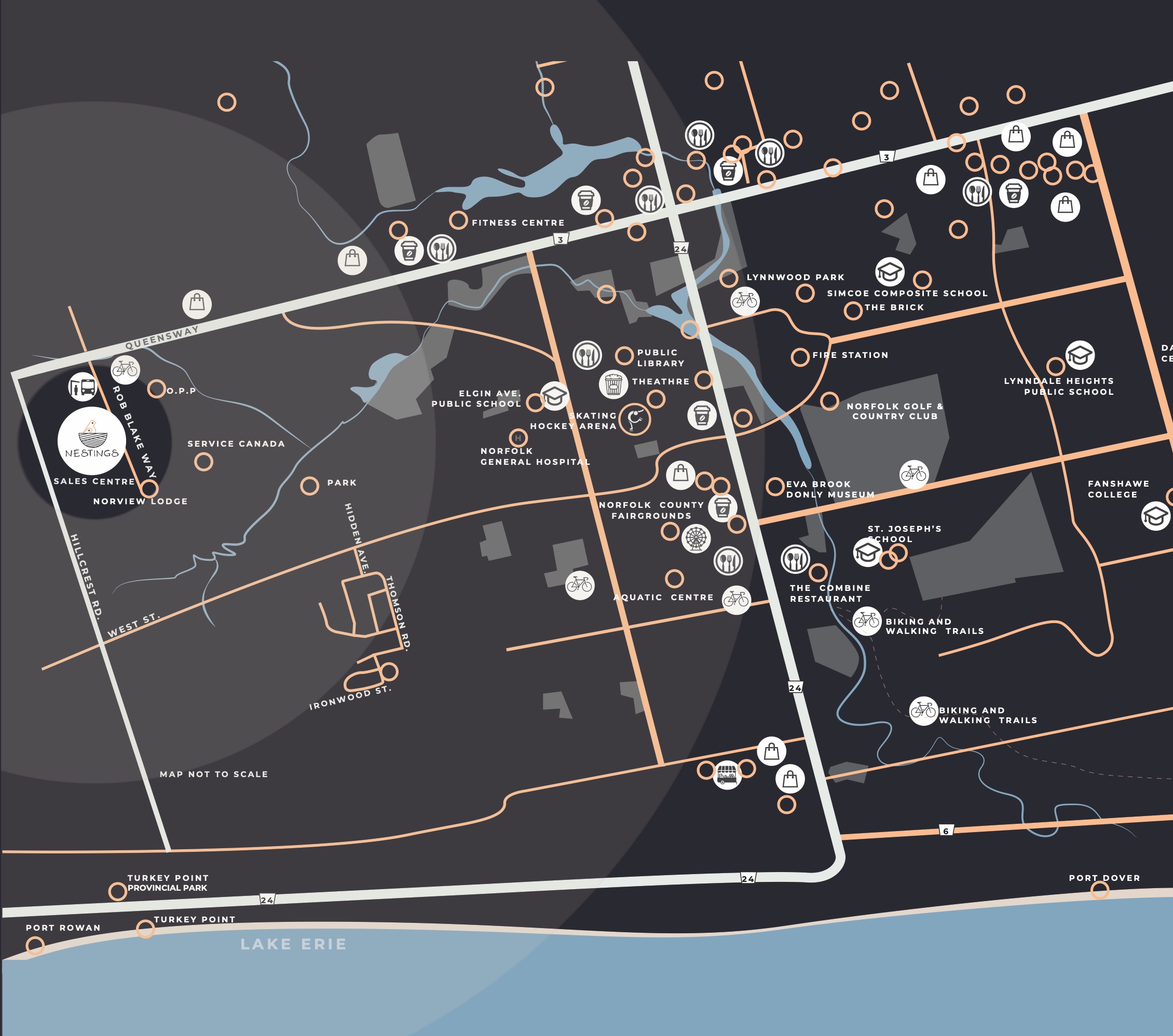 Map of Simcoe showing Nestings, schools, parks, shopping, dining and trails, down to Lake Erie