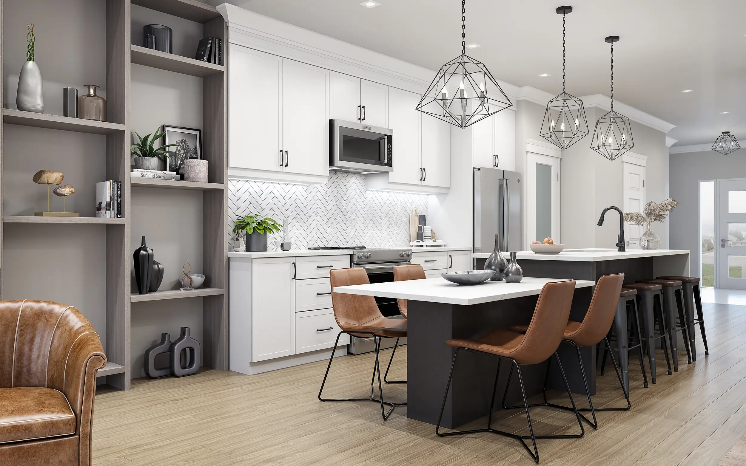 Kitchen with white shaker cabinets, quartz island and pendant lights