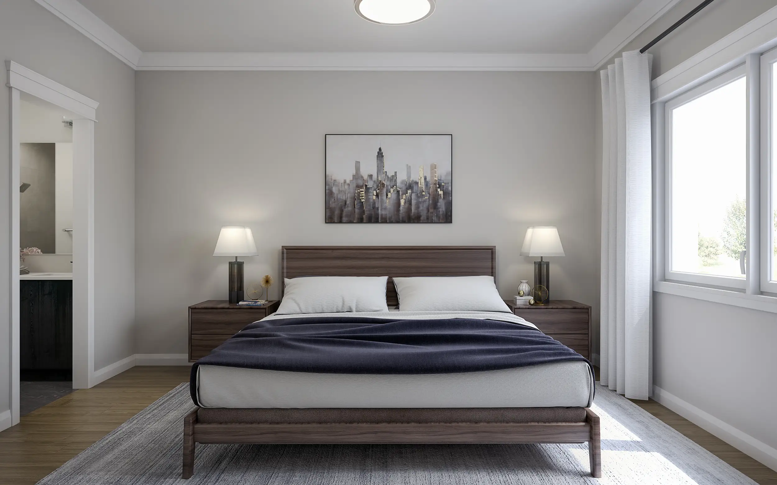 Main floor primary bedroom with large windows