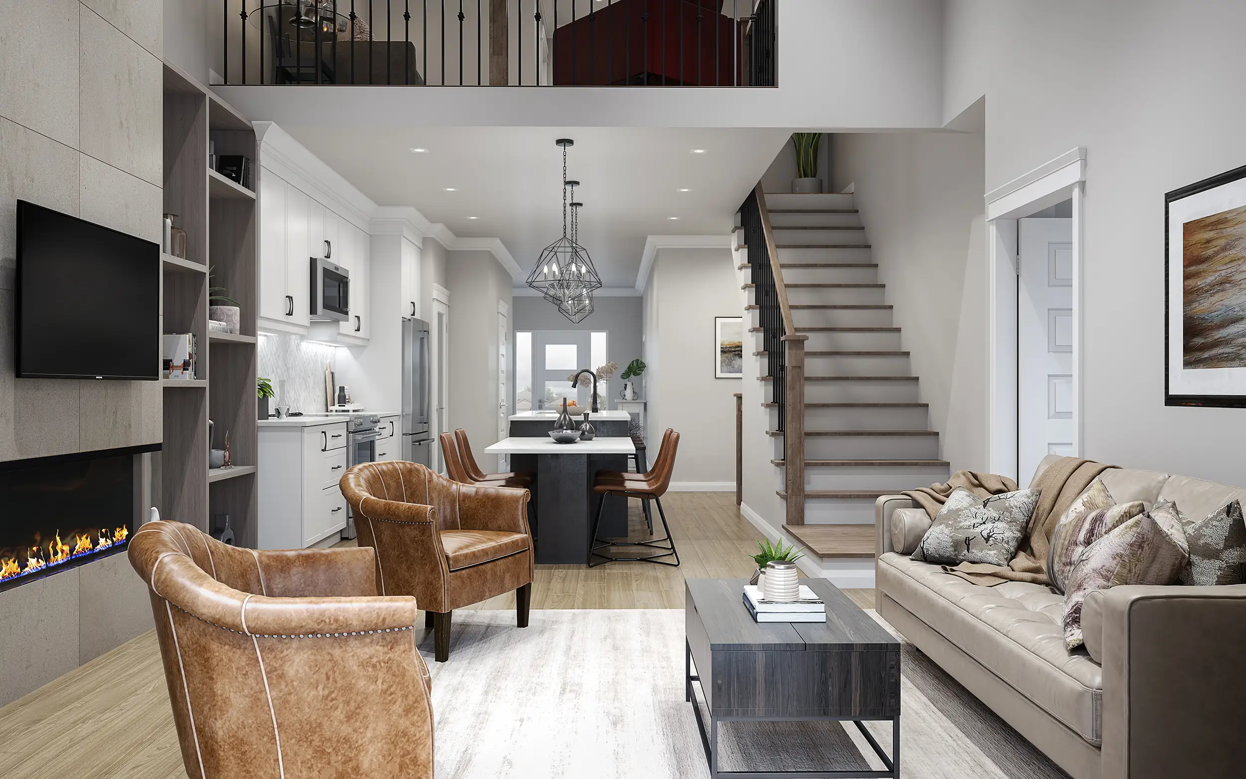 Open-concept bungalow living room with leather chairs, kitchen and staircase to the loft