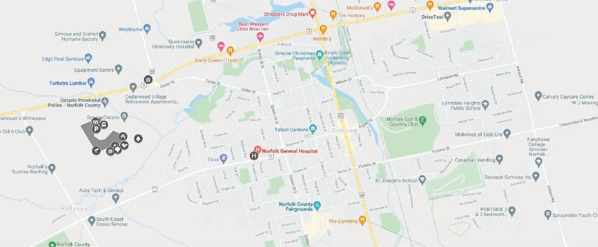 Map of Simcoe, Ontario, showing Nestings on the west side of town off Queensway (Highway 3)