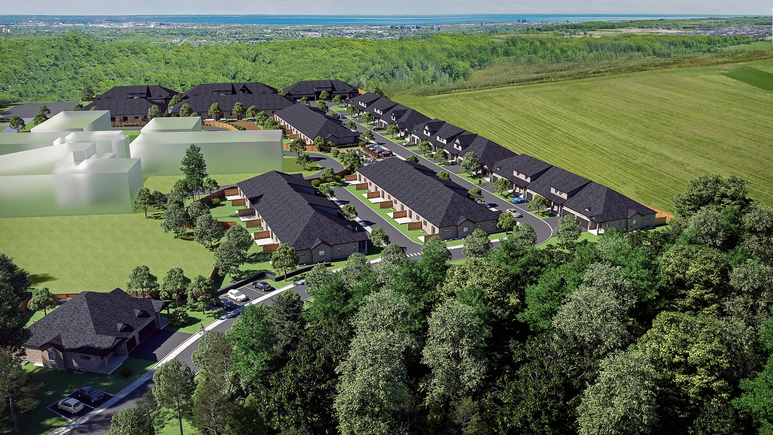 Aerial rendering of Nestings surrounded by forest and farmland