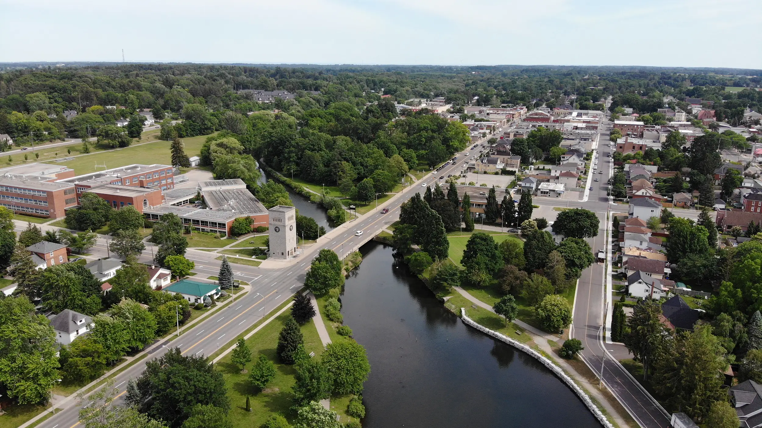 Aerial view of Simcoe with the river, clock tower and main street
